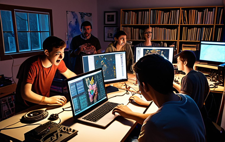 **A group of young, enthusiastic animators working late in a small, cluttered studio, surrounded by computers and animation equipment. The atmosphere is energetic and passionate, reflecting their dedication to creating something new.**
