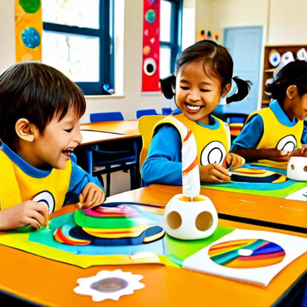 **

A playful scene of children crafting with recycled materials. They are making "Larva" themed decorations using old CDs, eggshells, and colorful paper. The setting is a bright, cheerful classroom filled with art supplies. The children are fully clothed in modest, everyday attire. The image should emphasize creativity and fun, with perfect anatomy and natural proportions. safe for work, appropriate content, fully clothed, family-friendly.

**