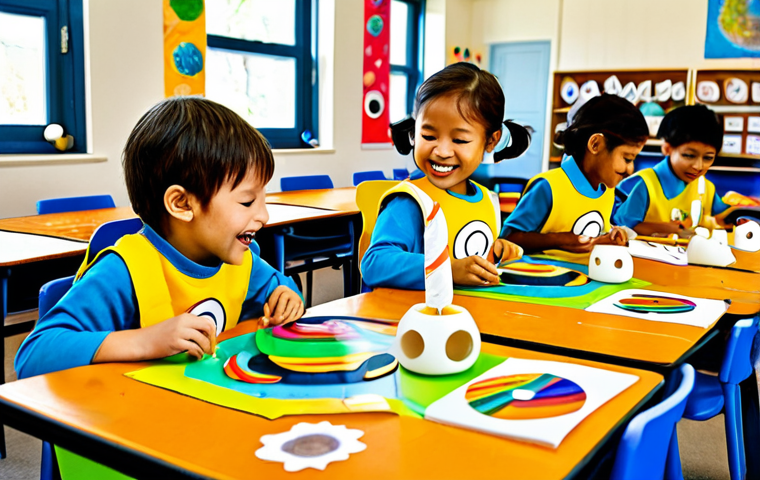 **
A playful scene of children crafting with recycled materials. They are making "Larva" themed decorations using old CDs, eggshells, and colorful paper. The setting is a bright, cheerful classroom filled with art supplies. The children are fully clothed in modest, everyday attire. The image should emphasize creativity and fun, with perfect anatomy and natural proportions. safe for work, appropriate content, fully clothed, family-friendly.
**