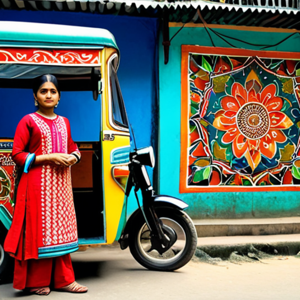 **
"A professional Bengali woman in a modest salwar kameez with intricate embroidery, standing in front of a vibrant Dhaka rickshaw art mural, fully clothed, appropriate attire, safe for work, perfect anatomy, natural proportions, professional photography, high quality, family-friendly, modest clothing."
**