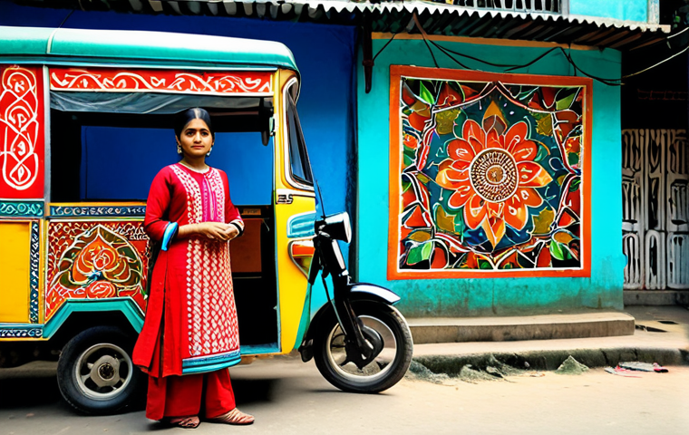 **
"A professional Bengali woman in a modest salwar kameez with intricate embroidery, standing in front of a vibrant Dhaka rickshaw art mural, fully clothed, appropriate attire, safe for work, perfect anatomy, natural proportions, professional photography, high quality, family-friendly, modest clothing."
**