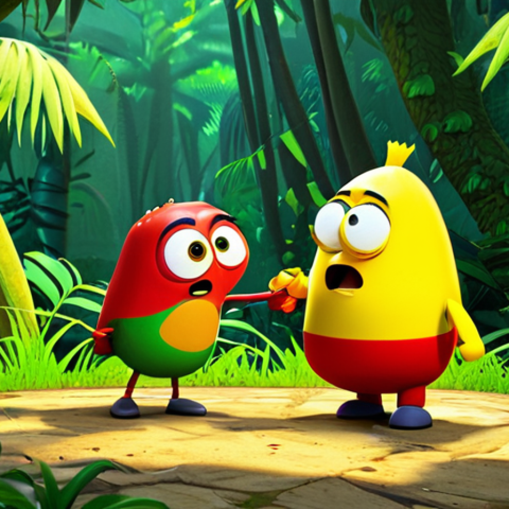 **

"Two cartoon characters, one yellow and one red, fully clothed, are playfully fighting over food in a lush green jungle setting. Safe for work, appropriate content, perfect anatomy, natural proportions, family-friendly animation style, vibrant colors, high-quality render. The characters have expressive faces and are drawn in a simple, appealing style, reminiscent of popular Bengali cartoons. Modest clothing. Professional."

**