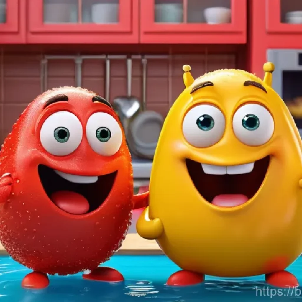 라바와 스톱모션 제작 비교 - **Vibrant 3D Animated Slapstick:** A highly detailed 3D animated scene capturing a moment of hilario...