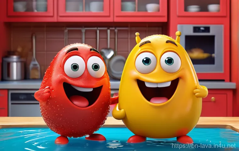 라바와 스톱모션 제작 비교 - **Vibrant 3D Animated Slapstick:** A highly detailed 3D animated scene capturing a moment of hilario...