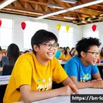 라바 팬들을 위한 커뮤니티 이벤트 - **Prompt:** A vibrant, bustling scene at a "Larva Quiz Challenge" event. Diverse group of young adul...